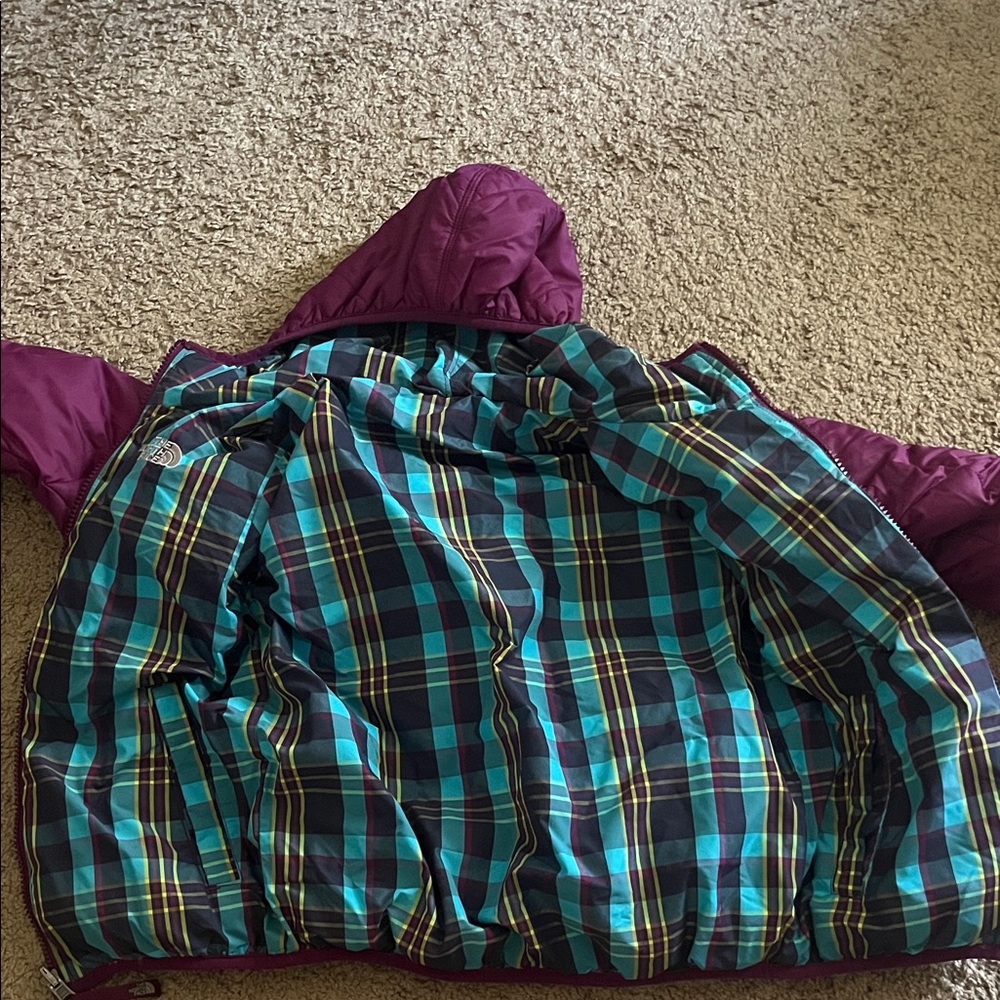 The North Face Kids Purple Puffer Jacket with Plaid Lining